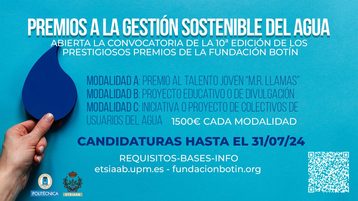💦Premios a la Gestión Sostenible del #Agua 💦

El Observatorio del Agua <a href="/fundacionbotin/">Fundación Botín</a> convoca los premios a la innovación y la difusión de ideas, proyectos y tecnologías con resultados probados para la gestión sostenible del agua.

➕etsiaab.upm.es/Centro/Gabinet…
