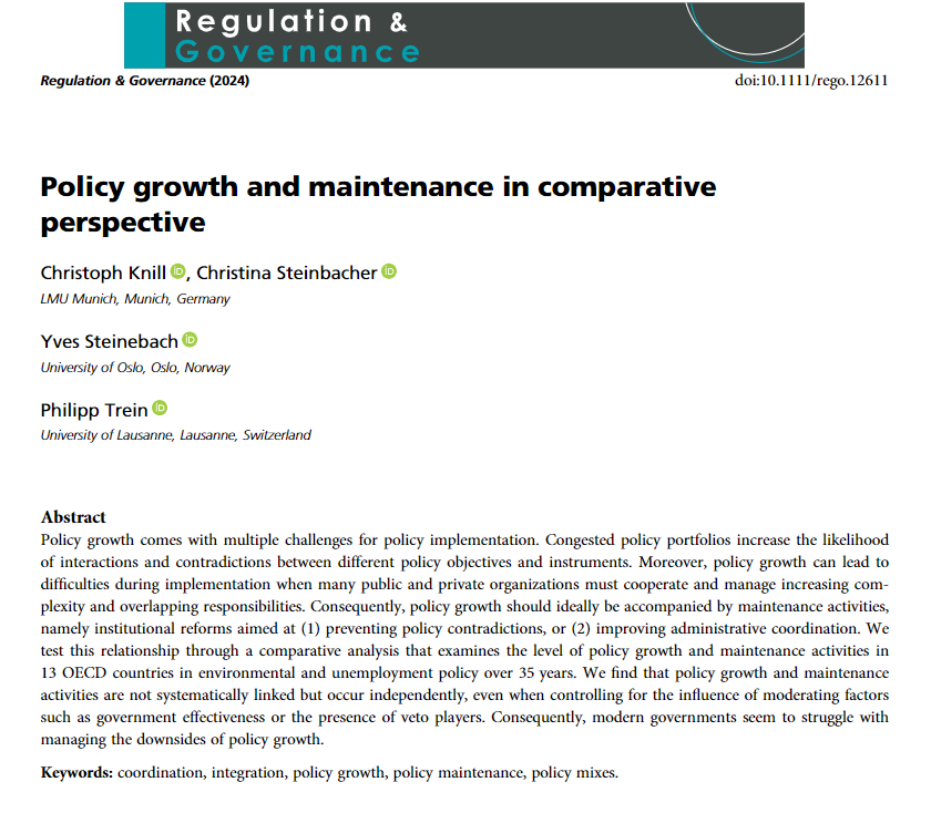 🚨 Excited to share our new open-access paper in <a href="/RegGov_journal/">Regulation & Governance</a> showing that governments struggle to address insidious developments. Policy portfolios expand, but #maintenance reforms to tackle #policy &amp; #implementation complexity lag behind 👉 doi.org/10.1111/rego.1…