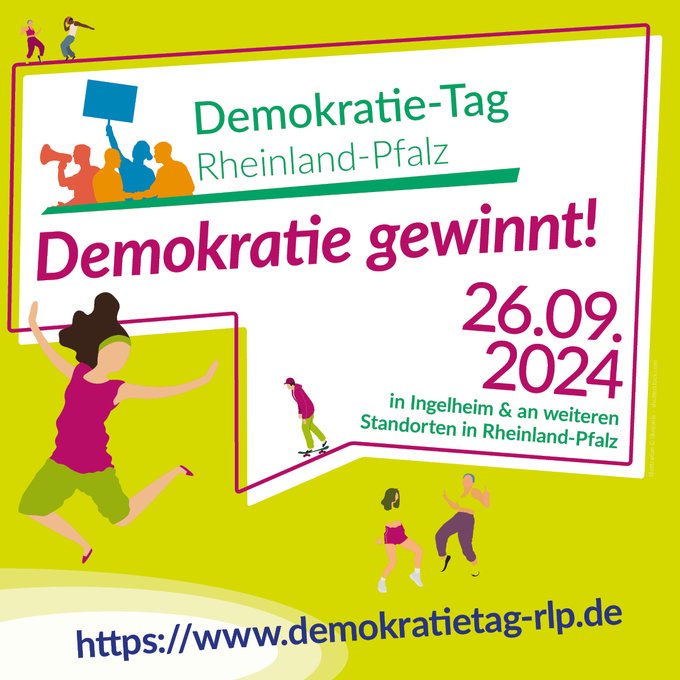 Am 26.09. ist einer von 365 Demokratietagen in 2024 in #RLP - aber eben ein besonderer. Nämlich einer, der mithilft, dass das auch in Zukunft so bleibt: weil sichtbar wird, wie viele sich für Demokratie &amp; Menschenrechte einsetzen und weil er Demokrat*innen bestärkt. Dabeisein!