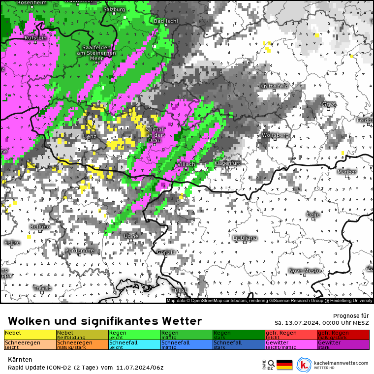 WWien10's tweet photo. Mit der #Kaltfront #FRIDA könnte es am morgigen Freitag turbulenter werden, zumindest westlich von #Villach. Sowohl #SuperHD als auch #ICON-D2 sehen zwei #Gewitterlinien. Eine zunächst am Nachmittag und auch in der Nacht zum Samstag könnte es nochmals krachen! Mal sehen... https://t.co/ZG4QaoBjVx