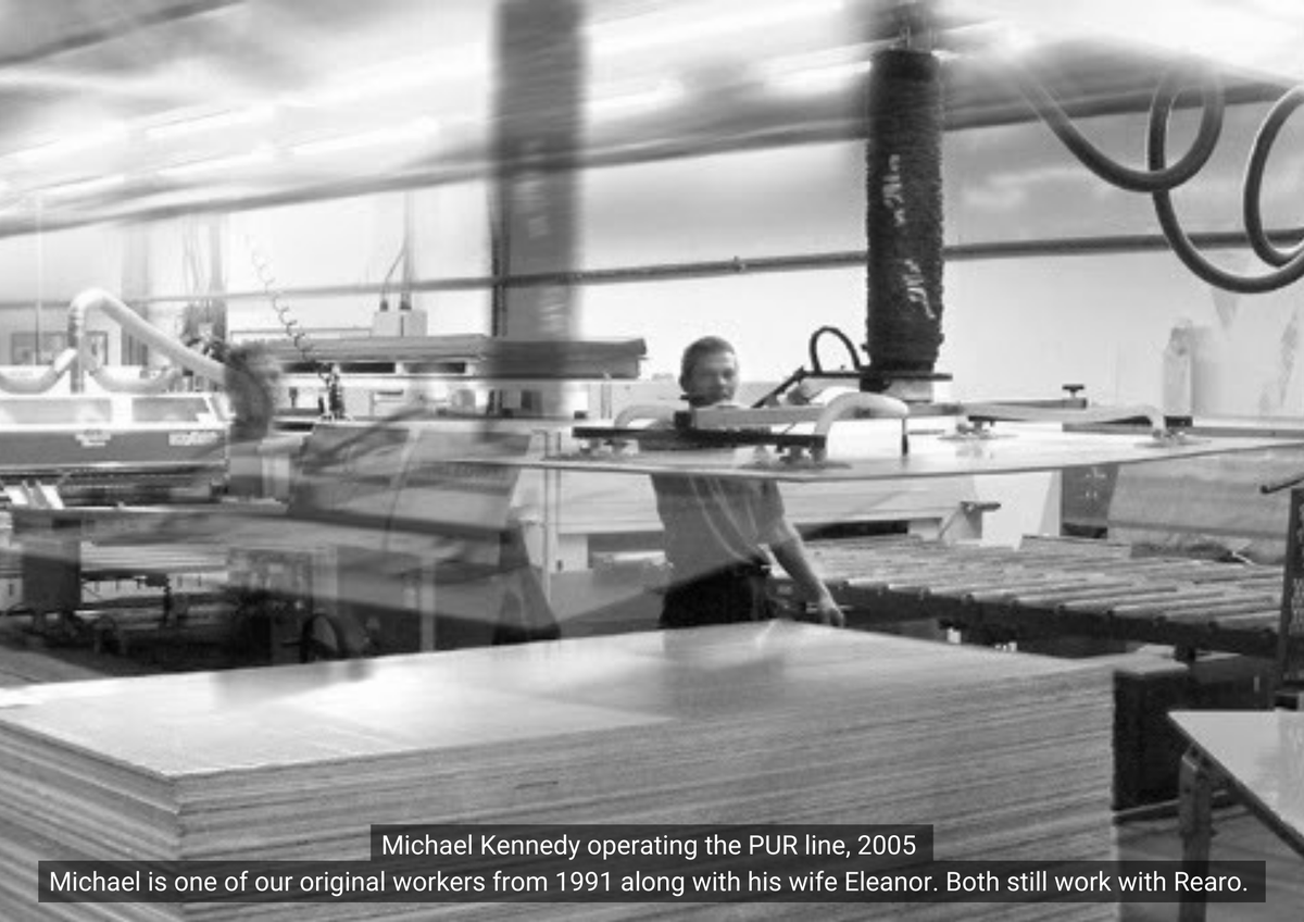 Here's an image from the <a href="/RearoLimited/">Rearo</a> archives showing Michael Kennedy operating the PUR glue line, back in 2005.

Michael is one of our original workers from 1991 along with his wife Eleanor. Both still work with Rearo, today!

#ThrowbackThursday #TeamRearo