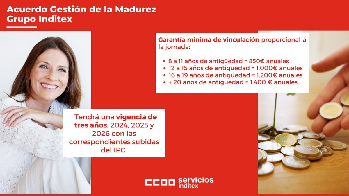 serviciosccoo's tweet photo. 🔴Acuerdo en INDITEX 

💪 Hemos logrado: Garantía mínima de antigüedad, Premio de Vinculación y Reducción de jornada por edad

👉La mesa de negociación sigue abierta y nos emplazamos a septiembre para tratar los demás puntos

📲Lee el comunicado en la Web:
https://t.co/26HlDPCnyA https://t.co/JPv7PlQL0x