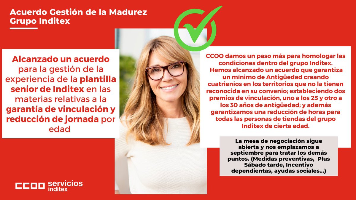 serviciosccoo's tweet photo. 🔴Acuerdo en INDITEX 

💪 Hemos logrado: Garantía mínima de antigüedad, Premio de Vinculación y Reducción de jornada por edad

👉La mesa de negociación sigue abierta y nos emplazamos a septiembre para tratar los demás puntos

📲Lee el comunicado en la Web:
https://t.co/26HlDPCnyA https://t.co/JPv7PlQL0x