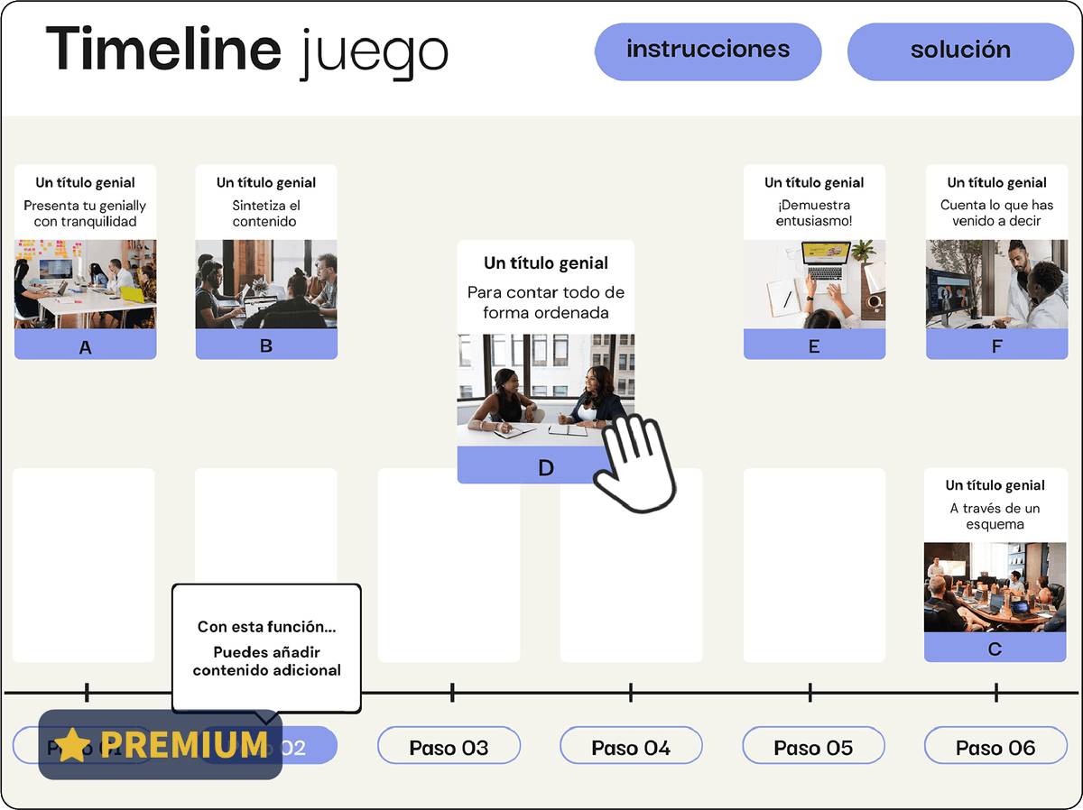 Consigue que tus estudiantes o tu equipo memoricen una historia o proceso mientras se divierten. Con este juego de arrastrar y soltar, no hay línea de tiempo que se resista: genially.com/es/plantilla/j…