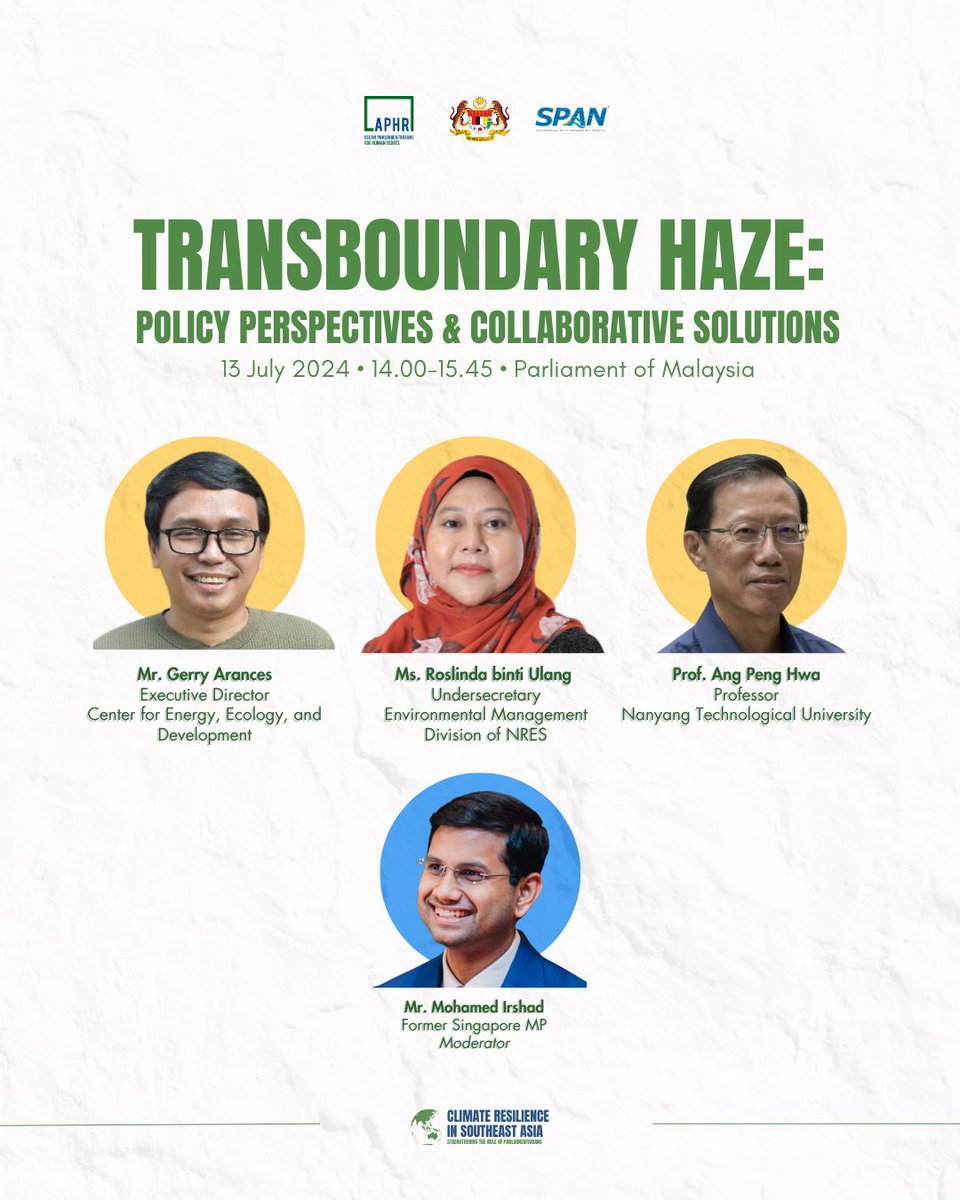 ASEANMP's tweet photo. "Transboundary Haze: Policy Perspectives &amp; Collaborative Solutions"
Day 2, 13 July 2024, 14.00-15.45

- Gerry Arances @CEEDphilippines 
- Roslinda binti Ulang @nresmalaysia 
- Prof. Ang Peng Hwa @angpenghwa 
- Mohamed Irshad @irshadsg https://t.co/QxfcZJOe3W