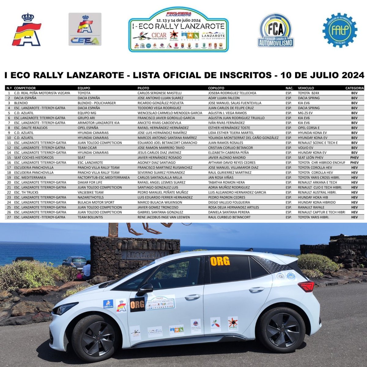 CEEA_RFEdA's tweet image. Lista de inscritos del #ecorallyLanzarote, prueba de la Copa de España #CEEA que se disputa este fin de semana.
Toda la información en su página web 👉 vmrm.net