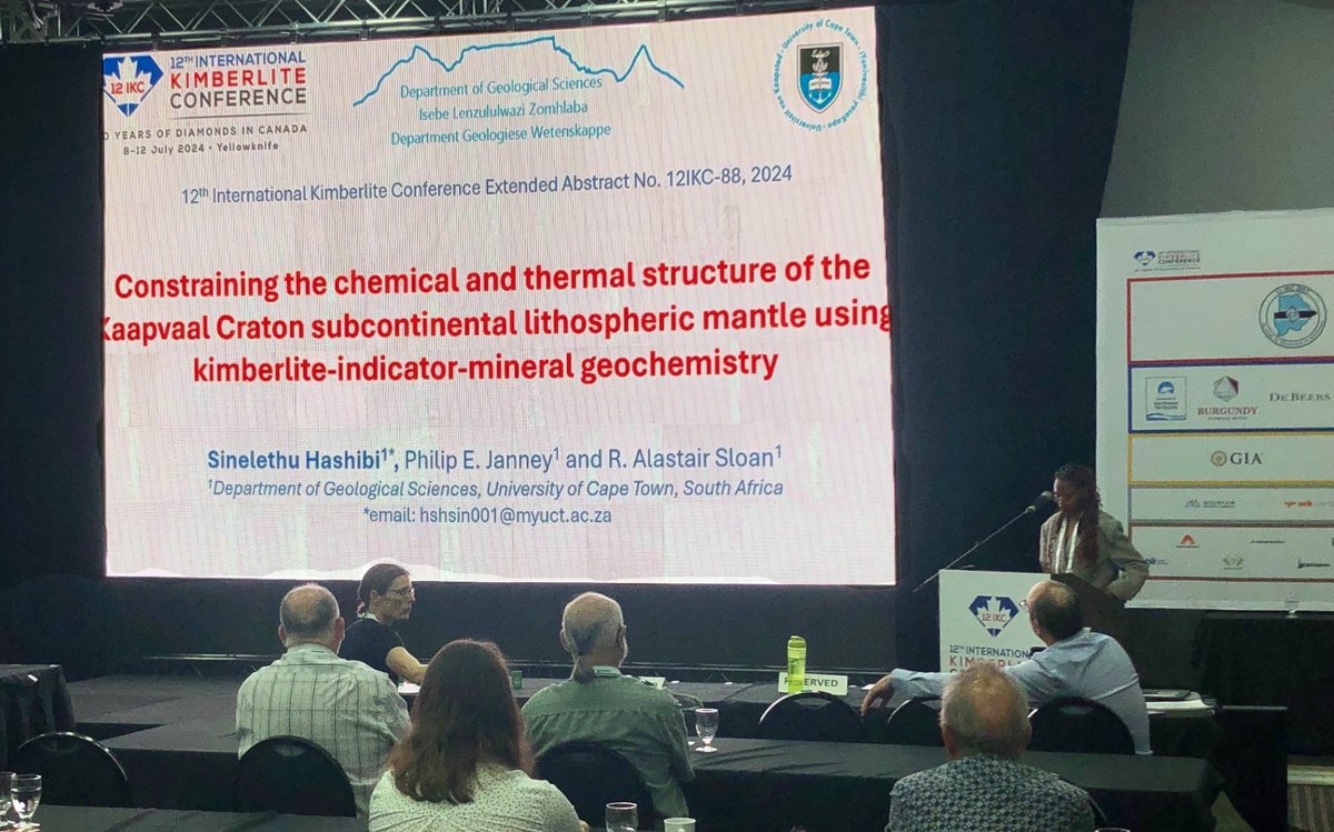 UCTgeology's tweet photo. PhD candidate and inaugural John Gurney Scholar, Sinelethu Hashibi, is presenting at the 12th International Kimberlite Conference in Yellowknife, Canada this week. Her research uses kimberlite indicator minerals to infer the chemical and thermal structure of the Kaapvaal Craton. https://t.co/zWkdewIcze