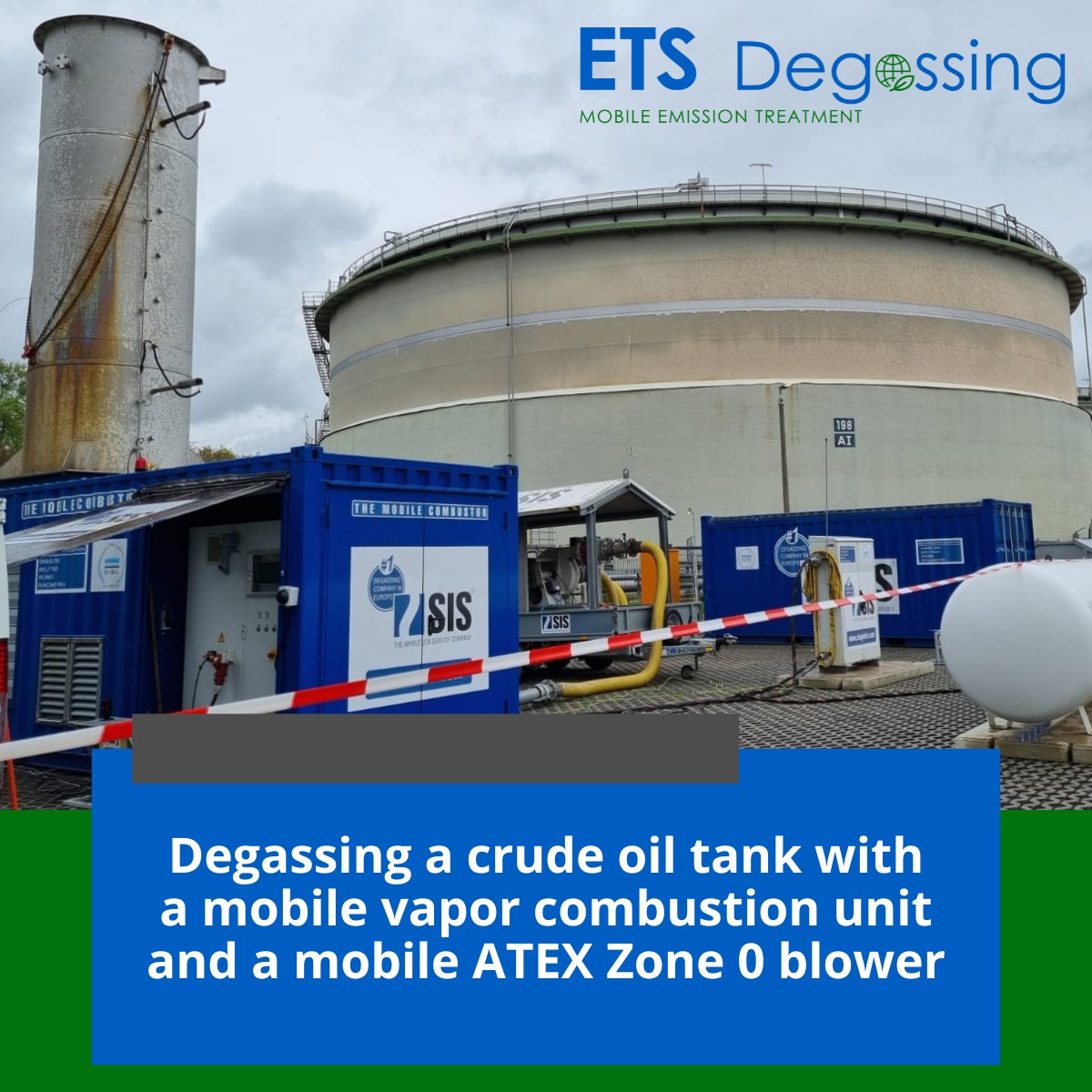 Endegs_int's tweet image. In a recent project, we have carried out the degassing of a crude oil tank. The project involved our mobile vapor combustion unit “Mobile Combustor” with a combustion capacity of 5 MW as well as our mobile ATEX Zone 0 blower skid. #emissiontreatment #mobiledegassing