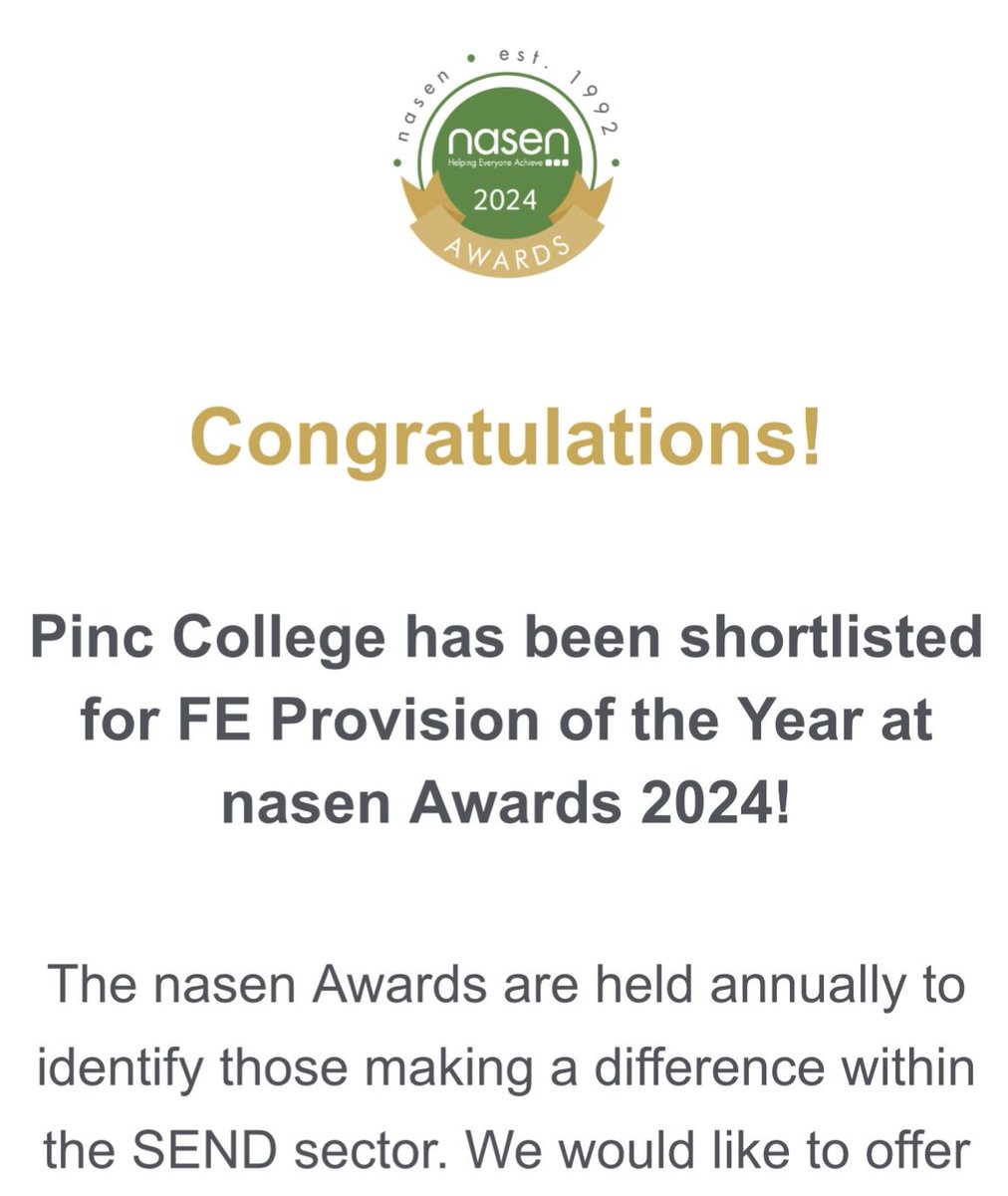 pinccollege's tweet photo. Wow! We are delighted to receive this today! ⁦@nasen_org⁩ - Finalists for FE Provision of the year! #Art #Education #Post16 #College #SEND 🙌🙌 https://t.co/7RgANMWoyg