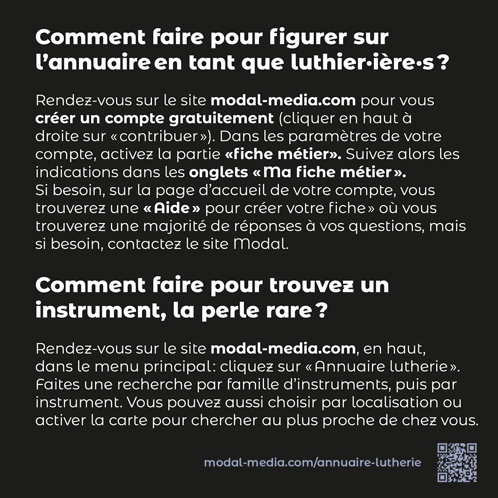 NOUVEAU !!! [ SORTIE DE L'ANNUAIRE DE LA LUTHERIE SUR MODAL, LE MÉDIA ]
Travaillant depuis des années autour de la question de lutherie, La <a href="/FAMDT/">FAMDT</a>  a le plaisir d’annoncer la sortie de l’annuaire de la lutherie "Les luthier·ière·s du trad" sur MODAL
► modal-media.com/annuaire-luthe…
