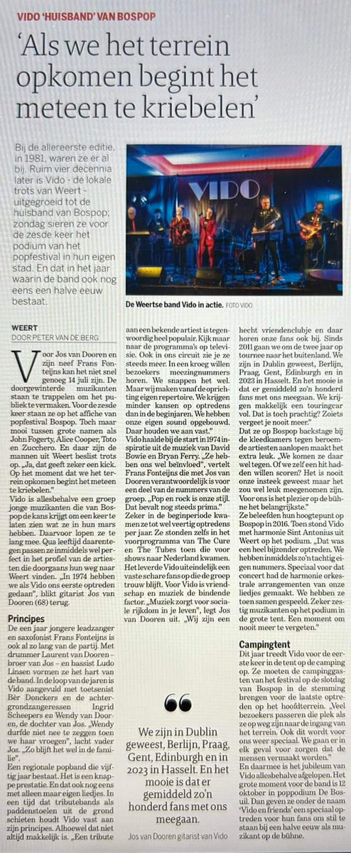 Wendy_vanDooren's tweet photo. Mooi artikel over Vido in #DeLimburger! 
Wij zijn er klaar voor: zondag 14 juli 13.30u #Bospop Weert  🎶 Kom je ook? Hopelijk tot dan! https://t.co/Ze6rFvDoDp