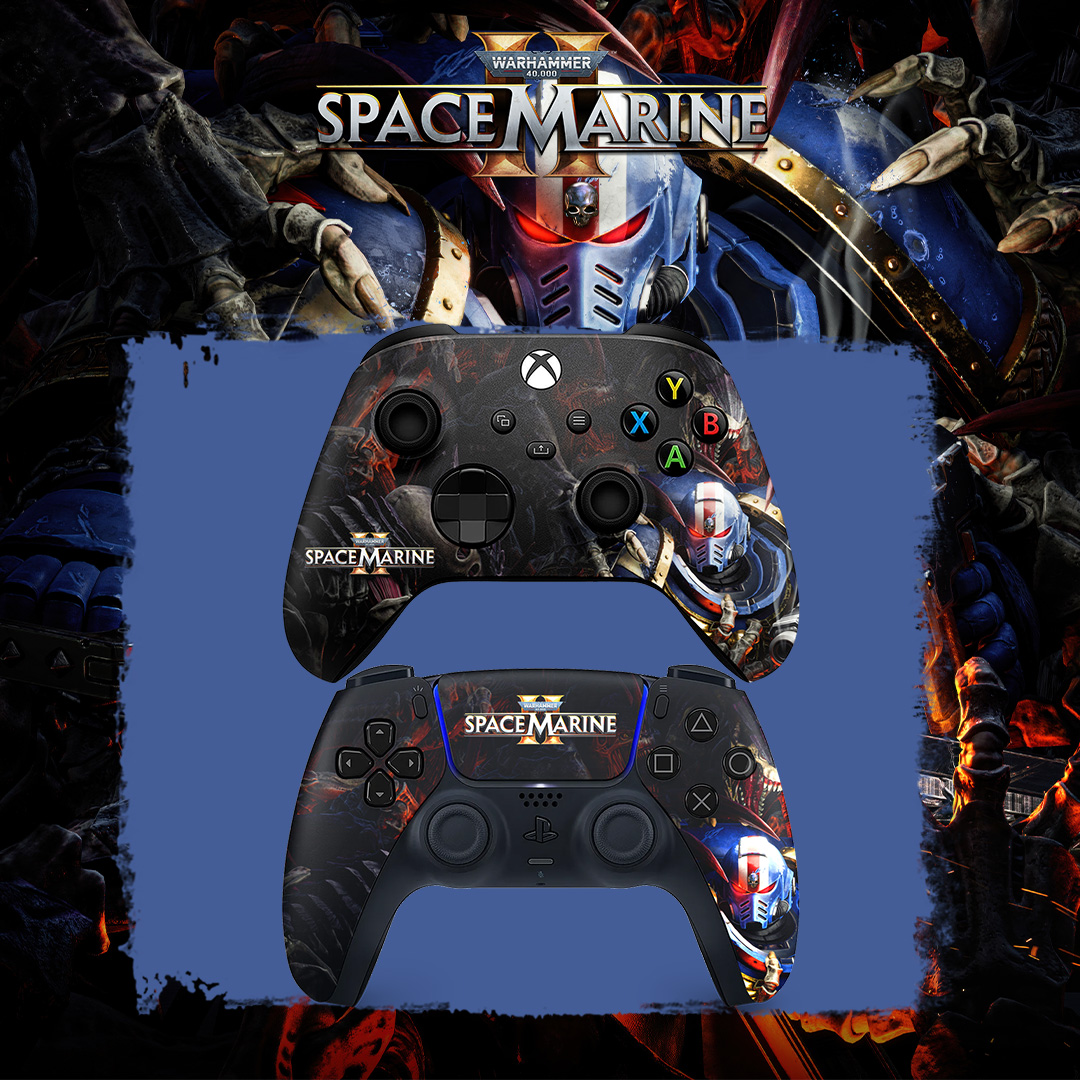 MerchWarhammer's tweet photo. EXCLUSIVE: Preorders are open for our Officially Licensed Space Marine 2 PlayStation 5 and Xbox Series controllers! Secure yours today in time for the launch of Space Marine 2! https://t.co/SoXkRQjJik #SpaceMarine2 #WarhammerMerchStore #WarhammerCommunity https://t.co/QOWaGKVbJK