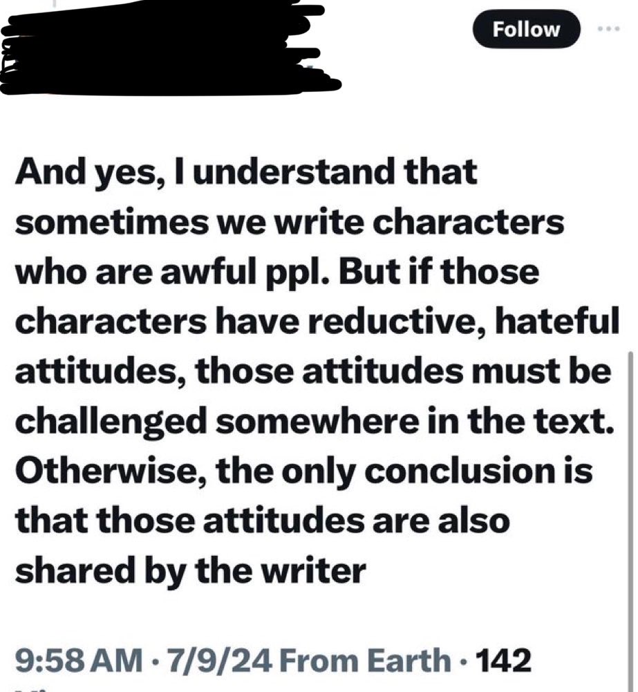 jk_rowling's tweet photo. A novel is not a Human Resources training manual. If it has any merit at all, a novel is about humanity as it is, not as it should be. If you want sermons, go to church. https://t.co/57fxh0xGWO