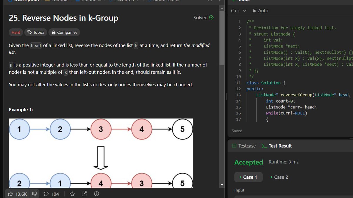 deepanshu_Codes's tweet image. Day 7 of DSA: Started my day earlier than usual for a placement assessment today. Still managed to solve 3 LeetCode questions: 2 using two-pointer techniques and 1 based on linked lists. Feeling productive! 💪 #LeetCode #CodingPractice #DSA