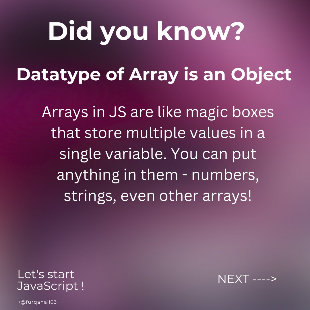 FurqanAli03's tweet image. 🚀Day 4 of my #JavaScript challenge! Today, I'm diving into arrays! 📕
Arrays in Js are like magic box ♦ that store multiple values in single variable. You can put anything in them - number, string, even other arrays!
#21daysofcode #jsarray #WebDevelopment