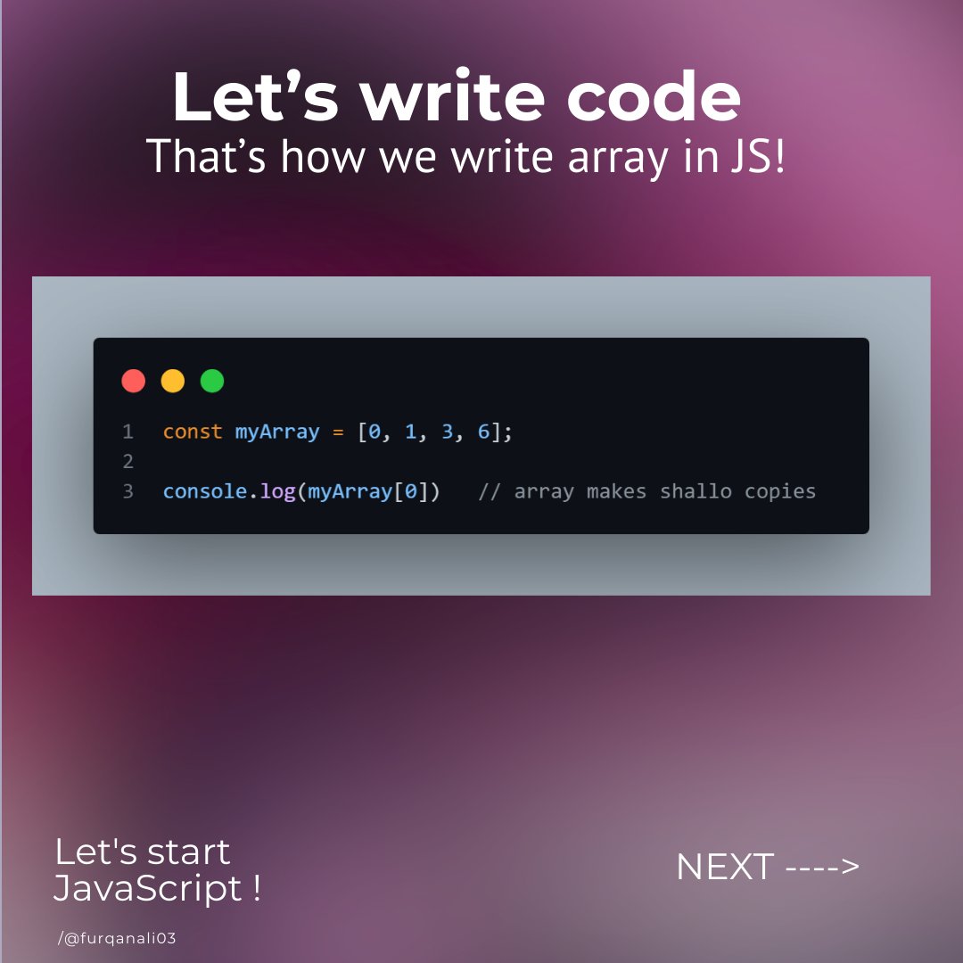FurqanAli03's tweet image. 🚀Day 4 of my #JavaScript challenge! Today, I'm diving into arrays! 📕
Arrays in Js are like magic box ♦ that store multiple values in single variable. You can put anything in them - number, string, even other arrays!
#21daysofcode #jsarray #WebDevelopment