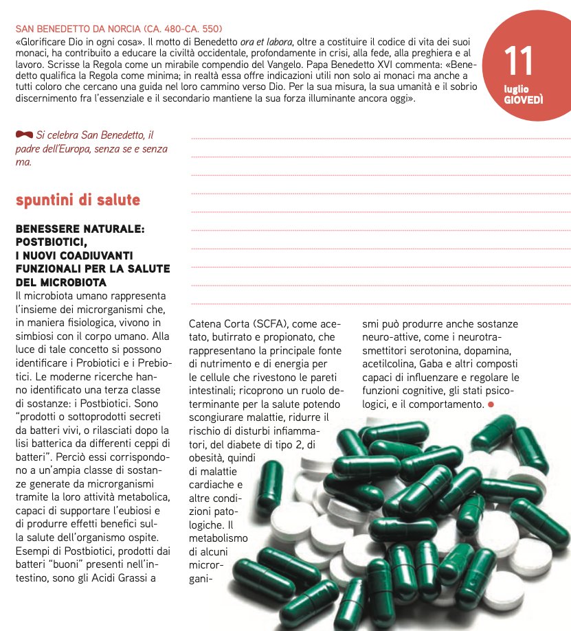 Cosa sono i postbiotici e come agiscono sul macrobiota? Vediamolo sulla pagina di oggi di #Adesso2024, che festeggia anche San Benedetto da Norcia, patrono d'Europa.
