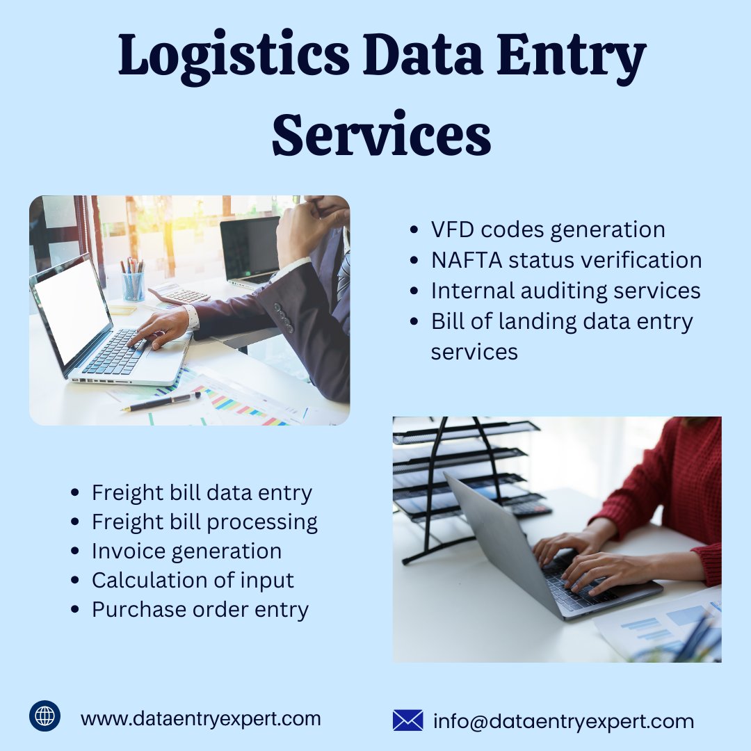 dataentry_exp's tweet image. At our company, we offer professional data entry services tailored to meet your logistics needs. Our team of data entry experts is dedicated to providing accurate and efficient services to support your business.
#logisticsdataentryservices, #logisticsdataentry,