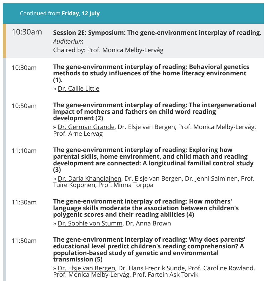 Dr Elsje van Bergen (@drelsje) on Twitter photo Are you at #SSSR2024🇩🇰? Come to <a href="/lervag/">Monica Melby-Lervåg</a>'s & my symposium on Friday at 10.30 in the Auditorium on the #GeneEnvironmentInterplay on reading ability!🧬👨👩👧📚 With <a href="/cignae/">Callie Little</a> <a href="/grandegerman/">Germán Grande</a> <a href="/DKhanolainen/">Daria Khanolainen, PhD</a> <a href="/HungryMindLab/">Hungry Mind Lab</a> <a href="/MinnaTorppa/">Minna Torppa</a> <a href="/hfsunde/">Hans Fredrik Sunde</a> <a href="/farteinask/">Fartein Ask Torvik</a> <a href="/CaroRowland/">Dr Caro Rowland</a> Are you at #SSSR2024🇩🇰? Come to <a href="/lervag/">Monica Melby-Lervåg</a>'s & my symposium on Friday at 10.30 in the Auditorium on the #GeneEnvironmentInterplay on reading ability!🧬👨👩👧📚 With <a href="/cignae/">Callie Little</a> <a href="/grandegerman/">Germán Grande</a> <a href="/DKhanolainen/">Daria Khanolainen, PhD</a> <a href="/HungryMindLab/">Hungry Mind Lab</a> <a href="/MinnaTorppa/">Minna Torppa</a> <a href="/hfsunde/">Hans Fredrik Sunde</a> <a href="/farteinask/">Fartein Ask Torvik</a> <a href="/CaroRowland/">Dr Caro Rowland</a>
