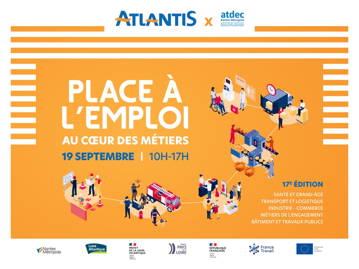 [SAVE THE DATE] Organisé par <a href="/AtlantisNantes/">Atlantis Le Centre</a> et <a href="/AtdecEmploi/">Atdec Nantes Métropole</a>, Place à l'emploi est de retour à la rentrée à <a href="/saintherblain/">Ville de Saint-Herblain</a>, en partenariat avec <a href="/FranceTravail/">France Travail</a>, avec le soutien de <a href="/NantesMetropole/">Nantes Métropole</a> <a href="/loireatlantique/">Loire-Atlantique</a> <a href="/paysdelaloire/">Pays de la Loire</a> ! Plus d'infos sur atdec.org - AGENDA