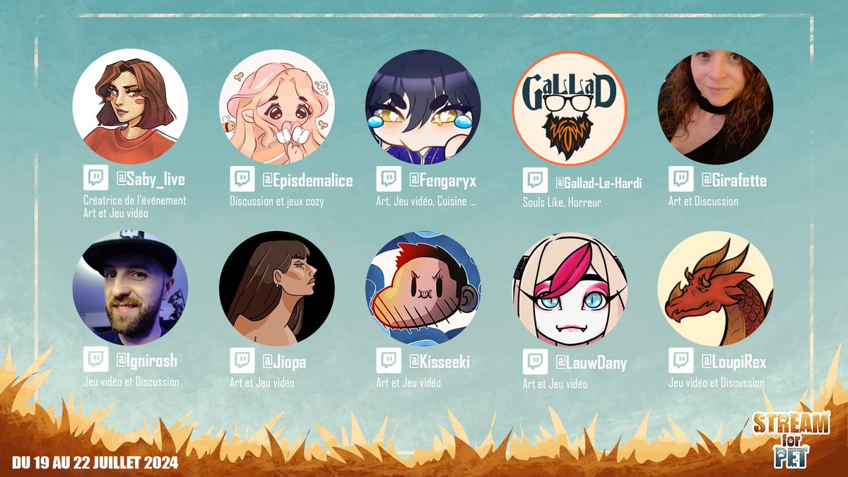Saby_liive's tweet image. Bonjour à tous et à toutes ⭐
Voici la liste des streameurs.euses qui participeront à l'event #StreamforPet .
Retrouvez-nous dès le 19 juillet jusqu'au 22 juillet sur @TwitchFR pour soutenir l'association @solicanin et sensibiliser les viewers sur l'abandon mais aussi l'adoption.