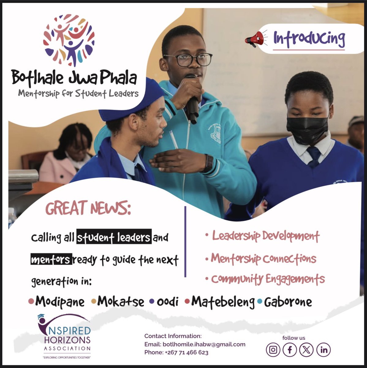Introducing the Botlhale Jwa Phala Initiative! 

Rooted in the Setswana concept "botlhale jwa phala bo tswa phalaneng", this program will connect experienced faculty members, alumni, and community leaders with students who exhibit leadership potential.

Stay tuned for more info.