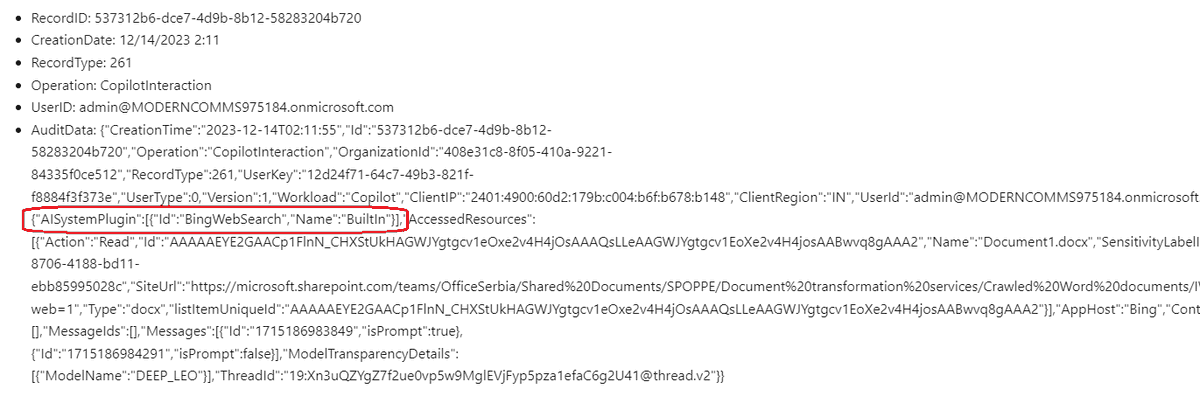 mhamedmahmoud's tweet photo. This is new! Now the details of plugins or extensions enabled for the Coplot interaction is available in the audit log.
#Copilotformicrosoft365 #auditlog #extension https://t.co/8sQREfGayo