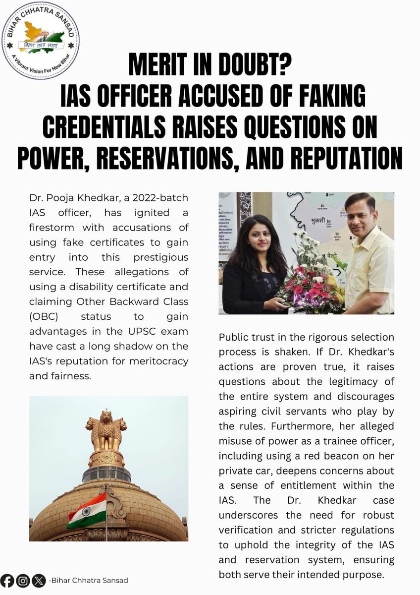 Bihar_Sansad's tweet photo. #IASUnderFire: Fake certificate claims against
Maharashtra officer spark outrage.
#ReservationReview #WherelsTheMerit? https://t.co/alOYLO64z2