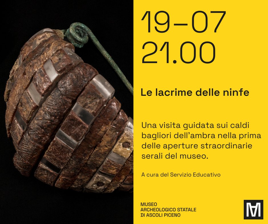 In arrivo la prima delle aperture straordinarie serali!
Partiamo 𝘃𝗲𝗻𝗲𝗿𝗱𝗶̀ 𝟭𝟵 𝗹𝘂𝗴𝗹𝗶𝗼! Il museo resterà aperto fino alle 23,30 con una visita guidata tematica, alle 21,00, sugli splendidi gioielli in ambra.

#ambra #Piceni #estatealmuseo