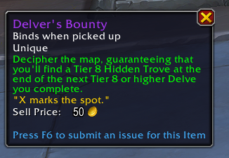 TrueEndgame's tweet photo. Completing a Tier 8 delve with a Delver's Bounty map active rewarded the following 

- 3x Mythic Crests 
- 100 Undercoin
- 75 Valorstones
- 4/4 Brann Relic
- 610 ilvl Hero track neck (low heroic raid ilvl)

In theory you could grind out more Delver's Bounty Maps with no cap https://t.co/eQEJa7AJVx