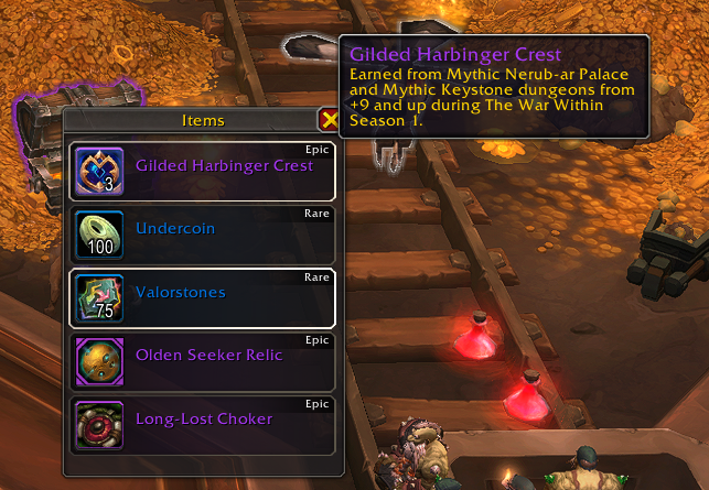 TrueEndgame's tweet photo. Completing a Tier 8 delve with a Delver's Bounty map active rewarded the following 

- 3x Mythic Crests 
- 100 Undercoin
- 75 Valorstones
- 4/4 Brann Relic
- 610 ilvl Hero track neck (low heroic raid ilvl)

In theory you could grind out more Delver's Bounty Maps with no cap https://t.co/eQEJa7AJVx