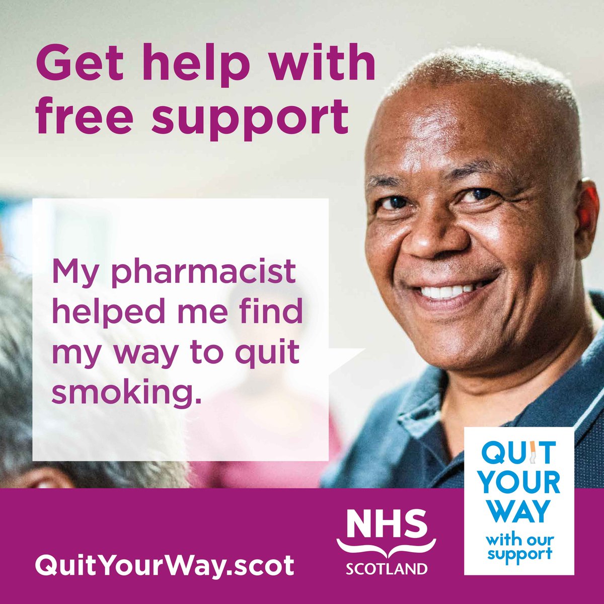 It’s important to find a way to stop smoking that works for you.
Whether you want to quit on your own or need some help, your local pharmacy can support you to #QuitYourWay
Get help with free support.
Get started at QuitYourWay.scot