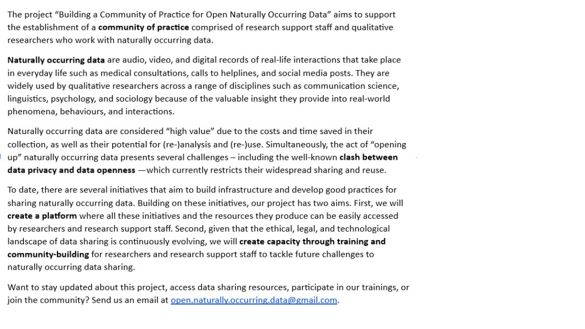 COP4ONOD's tweet image. We are COP 4 ONOD (short for “Community of Practice for Naturally Occurring Data) an #OpenScience project funded by @NWOFunding. We are passionate about #Qualitative #OpenResearch and #OpenData. You can read more about us below⬇️
