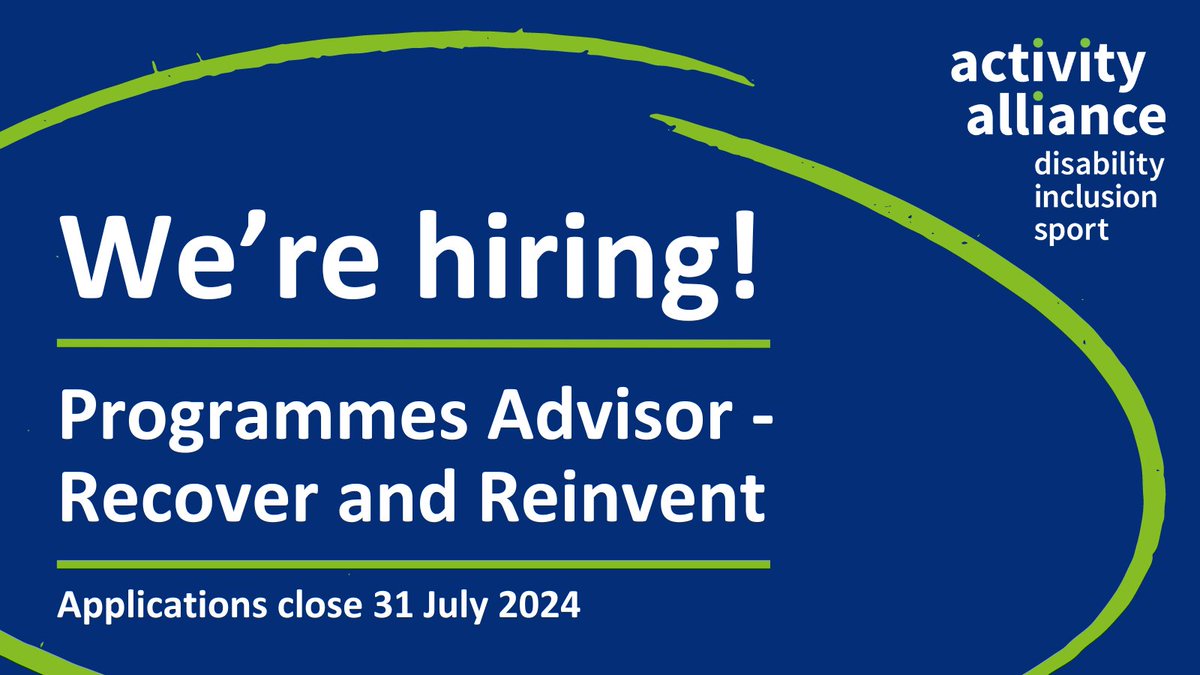 We're hiring! We're really excited to bring you two fantastic job opportunities as part of a new programme we're delivering with <a href="/sportforconf/">Sport for Confidence</a> called  Recover and Reinvent. We're looking for Strategic Lead and Programmes Advisor. 
More info on our website:
activityalliance.org.uk/get-involved/j…