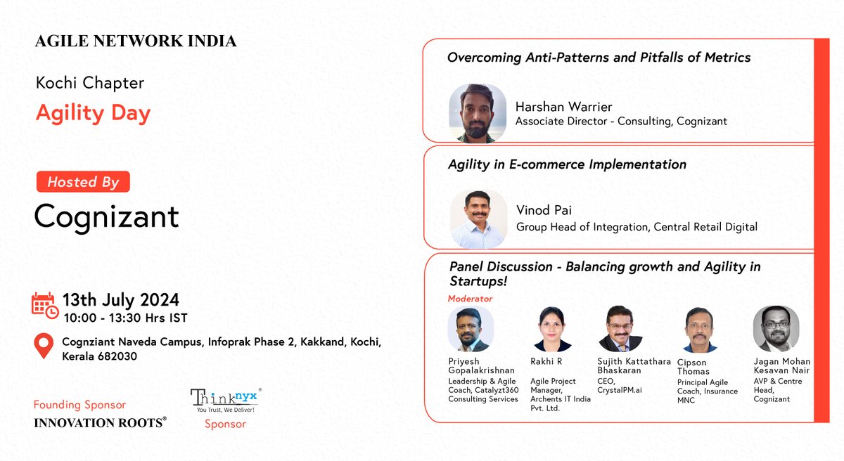 AgileNetwork_in's tweet image. Agile Network India #KochiChapter | #JulyEvent

Agenda Live!

Date: 13th July, 2024 (Saturday)
Time: 10:00am to 1:30pm
Hosted By: @Cognizant, #Kochi

Join us: agilecommunity.org/event-details/… (Free to Participate)