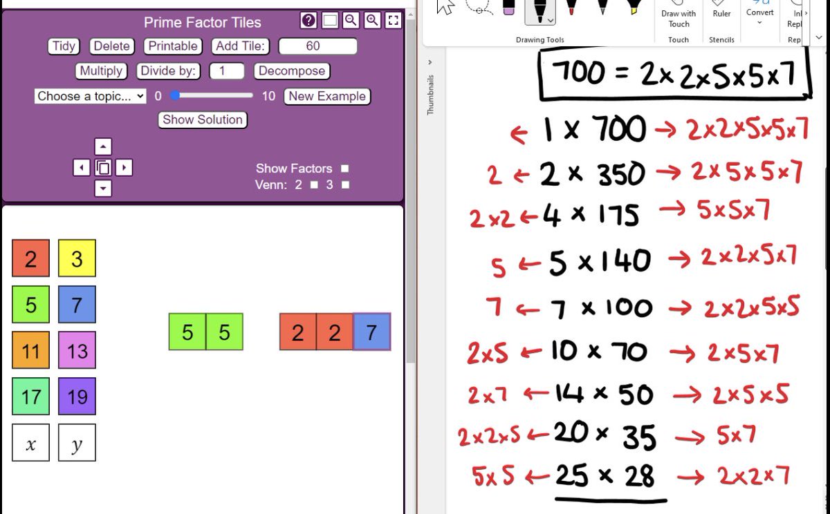 Y7 are using prime factors to list factor pairs. My visualiser was throwing a strop, but I’m pretty pleased with this improvised side-by-side set up.