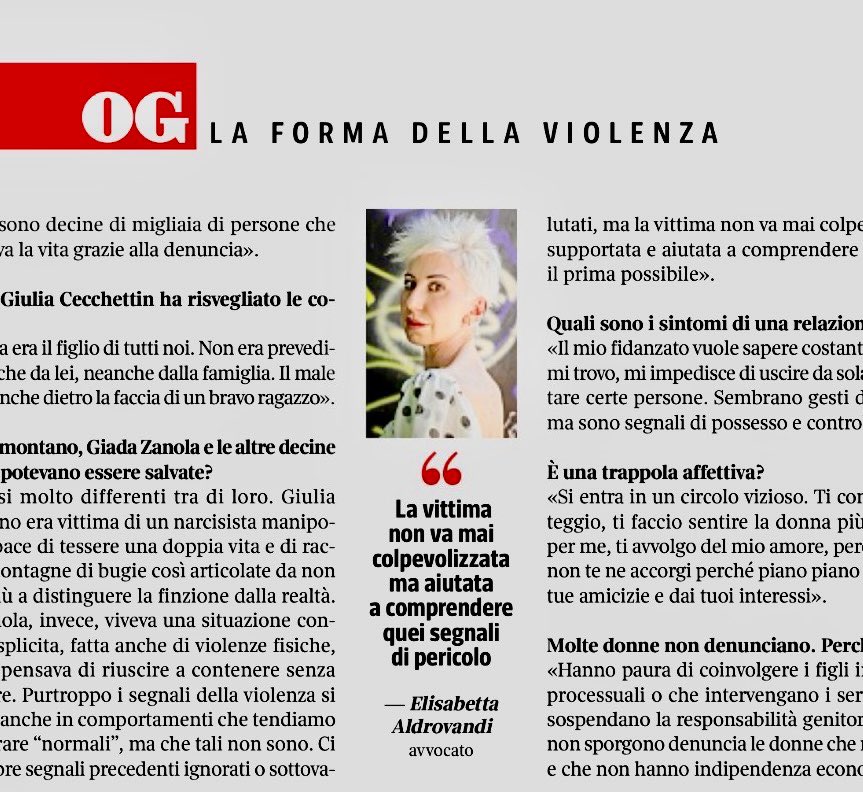 Grazie al settimanale OGGI che sul nuovo numero in edicola mi ha dedicato una lunga intervista, fatta dal bravissimo Simone Fanti, sul Codice Rosso, su come prevenire la violenza domestica e di genere e punire rieducare efficacemente i colpevoli. <a href="/oggisettimanale/">OggiSettimanale</a> <a href="/AndreaBiavardi/">Andrea Biavardi</a>