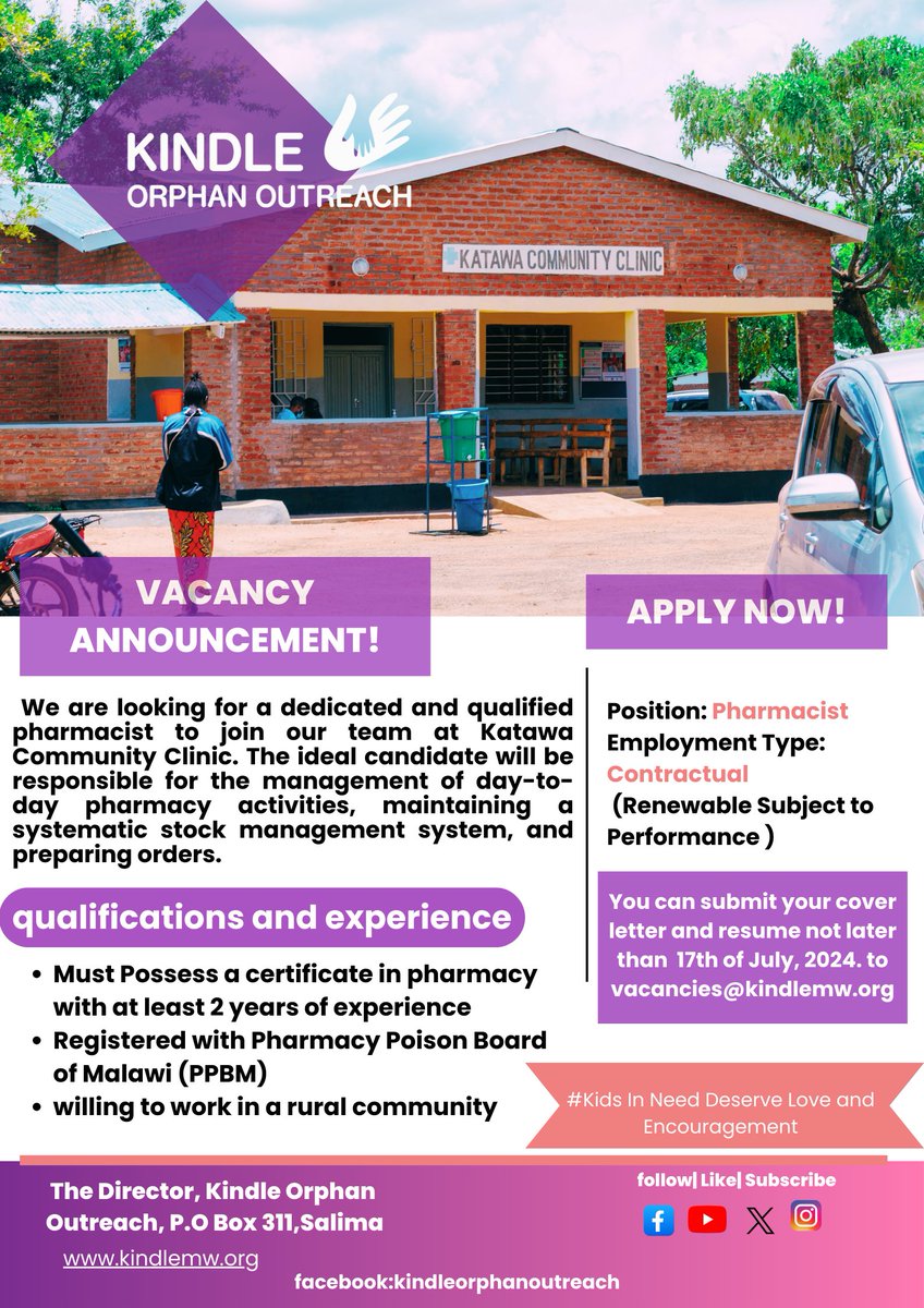 kindle_orphan's tweet photo. Employment Opportunity!!

Kindle is inviting applications from suitably qualified candidates to be considered for the post of pharmacy assistant at Katawa Community Clinic. https://t.co/sQ6BpISiFw