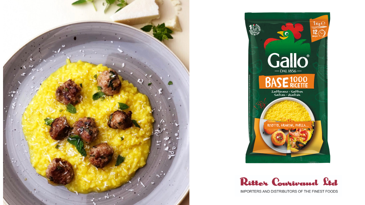 Riso Gallo’s Saffron Risotto Base offers authentic Italian risotto, with a characteristic creamy,  delicious and ’al dente’ texture. Use a base for many recipes such as this Saffron Risotto with Minted Smokey Lamb Meatballs and Pecorino by Paul Gayler. #rittercourivaud