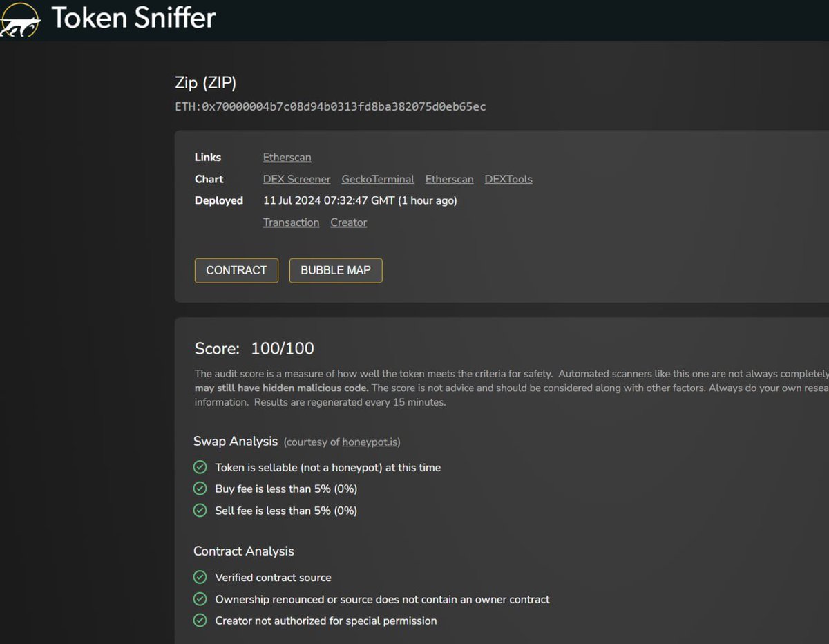 $ZIP ON TOKENSNIFFER <a href="/Token_Sniffer/">TokenSniffer.com</a> 

Score:💯/💯

tokensniffer.com/token/1/0x7000…