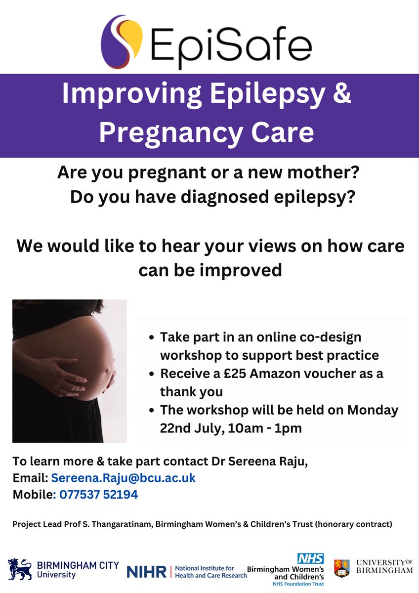 EpiSafeUK (@episafeuk) on Twitter photo Are you #pregnant or new #mum (in the last 5y) & have #epilepsy?
Join an online workshop to help design how care could be improved.
📅22 July 
⏲️10-1 (or as much as you can attend)
🙏£25 Amazon voucher as thank you
ℹ️<a href="/Sereena58463990/">Sereena</a> 
📧sereena.Raju@bcu.ac.uk
📞07753752194 Are you #pregnant or new #mum (in the last 5y) & have #epilepsy?
Join an online workshop to help design how care could be improved.
📅22 July 
⏲️10-1 (or as much as you can attend)
🙏£25 Amazon voucher as thank you
ℹ️<a href="/Sereena58463990/">Sereena</a> 
📧sereena.Raju@bcu.ac.uk
📞07753752194