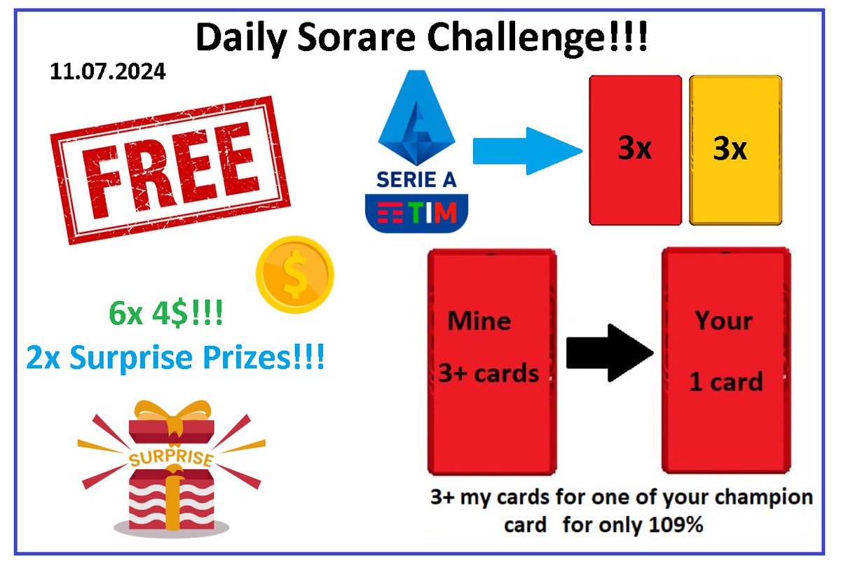 PawelTrader_'s tweet photo. Its time for @Sorare Challenge.!!! 11.07.2024 😍

1⃣ Swap 3+ my random cards for one of Your champion card for 109% value 🔝
2⃣ 3 Rare and 3 Limited Cards from Serie A for 6 people who make at least one transaction with me within 24 hours 👍
3⃣🆓 6 x 4USD and 2x Surprise Prizes for 8 random people - just write Your Sorare name, like ♥️ and RT 🔁
🆕? Join Sorare: https://t.co/nWOYZ8PLvM

Valid 24 hours. Results below this post👇
