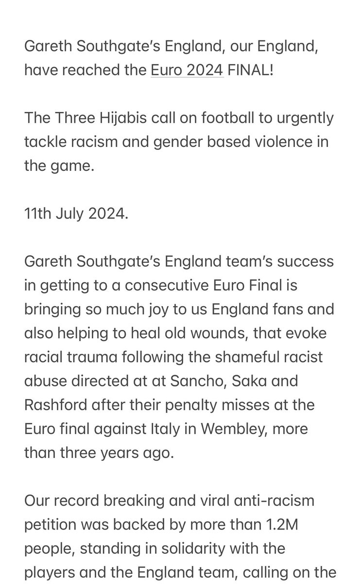 THijabis's tweet photo. Gareth Southgate’s @England, our #England, have reached the #Euro2024 FINAL!  

The Three Hijabis call on football to urgently tackle racism and gender based violence in the game.  

👇🏽 https://t.co/q1itRDJnGw