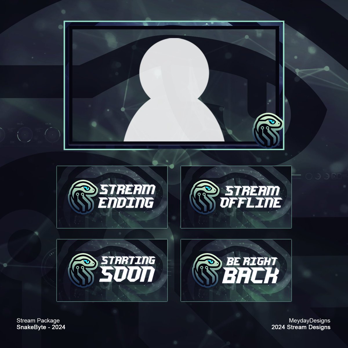MeydayDesigns's tweet photo. Client: @snakebytelive 

My friend Snakebyte had a logo made but wanted it touched up and a nice stream package to go along with it. ✅

Haven't used these colors before, but combined with the logo it was too damn good. 💪

If you're interested in a logo, send me a DM! 📩

#gfx https://t.co/fPGqsbUtY7