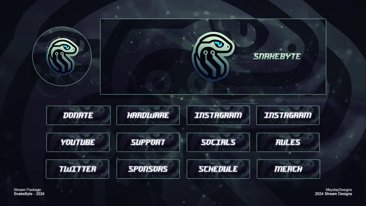 MeydayDesigns's tweet photo. Client: @snakebytelive 

My friend Snakebyte had a logo made but wanted it touched up and a nice stream package to go along with it. ✅

Haven't used these colors before, but combined with the logo it was too damn good. 💪

If you're interested in a logo, send me a DM! 📩

#gfx https://t.co/fPGqsbUtY7