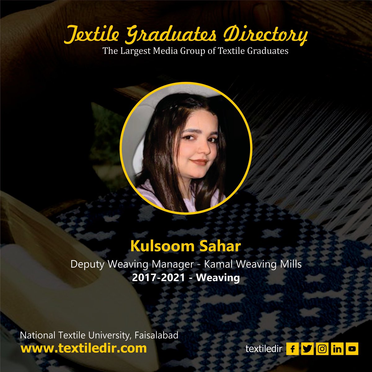 Textiledir's tweet photo. Join us in welcoming Miss Kulsoom Sahar to https://t.co/dICewdXUlz; the premier online hub for textile enthusiasts and professionals! As the largest digital media platform for textile graduates, we offer engaging content and valuable connections. 

#textiledirectory https://t.co/3ccTKBeLZj