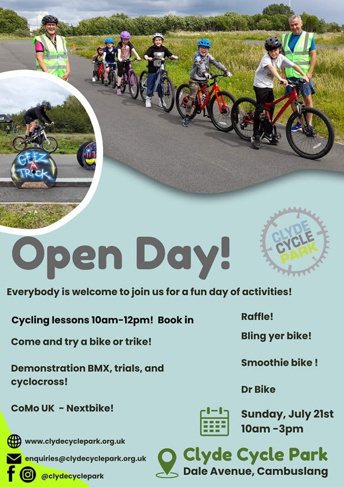 Cambuslang CC (@cambuslangcc) on Twitter photo Open Day at <a href="/clydecyclepark/">clydecyclepark</a> is on Sunday, 21st July. Come down to see what's happening at the Park & our plans. Take part in lessons, check out the demos. Get your bikes checked with Dr Bike, add a bit of bling to your bike or just join us for a coffee & chat. See you there! 😊 Open Day at <a href="/clydecyclepark/">clydecyclepark</a> is on Sunday, 21st July. Come down to see what's happening at the Park & our plans. Take part in lessons, check out the demos. Get your bikes checked with Dr Bike, add a bit of bling to your bike or just join us for a coffee & chat. See you there! 😊