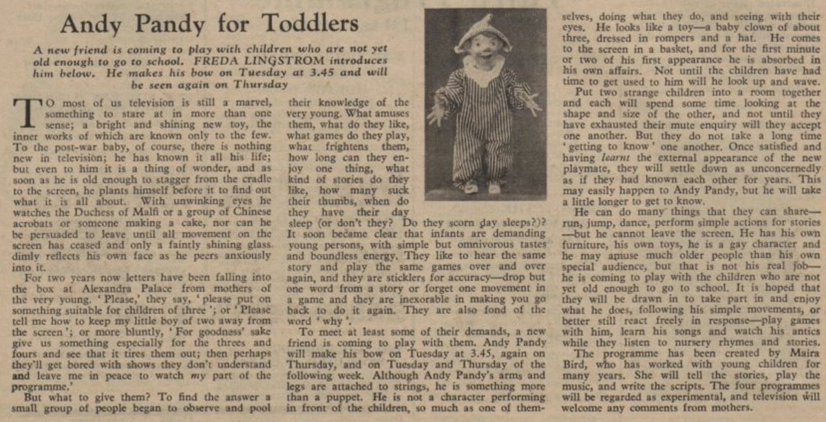 APTSArchive's tweet photo. #OTD 11 Jul 1950 #AndyPandy began on #BBCTelevision.
A series of 26 filmed programmes was shown until 1970, when a new series of 13 episodes was made.
Andy was based on Paul Atterbury, the son of puppeteer Audrey Atterbury.
Producer #FredaLingstrom, Narrator:  #MariaBird https://t.co/yfqdzCAR3d