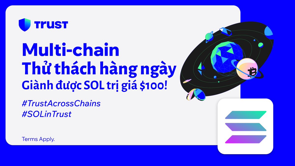 trustwalletviet's tweet photo. Đến lúc cho ngày thứ 3 của cuộc thử thách hàng ngày Multi-chain của chúng tôi!! 🎉

1️⃣ Theo dõi chúng tôi, sau đó Like và RT bài đăng này
2️⃣ Kết nối Trust Wallet của bạn với một ứng dụng @Solana
3️⃣ Bình luận ảnh chụp màn hình của ứng dụng đã kết nối với hashtag #TrustAcrossChains 

Bài đăng được yêu thích nhất sẽ nhận được giải thưởng trị giá $100 $SOL! Nhiều thử thách hơn sắp tới! 🔥

#TrustWallet #TrustAcrossChains #Solana