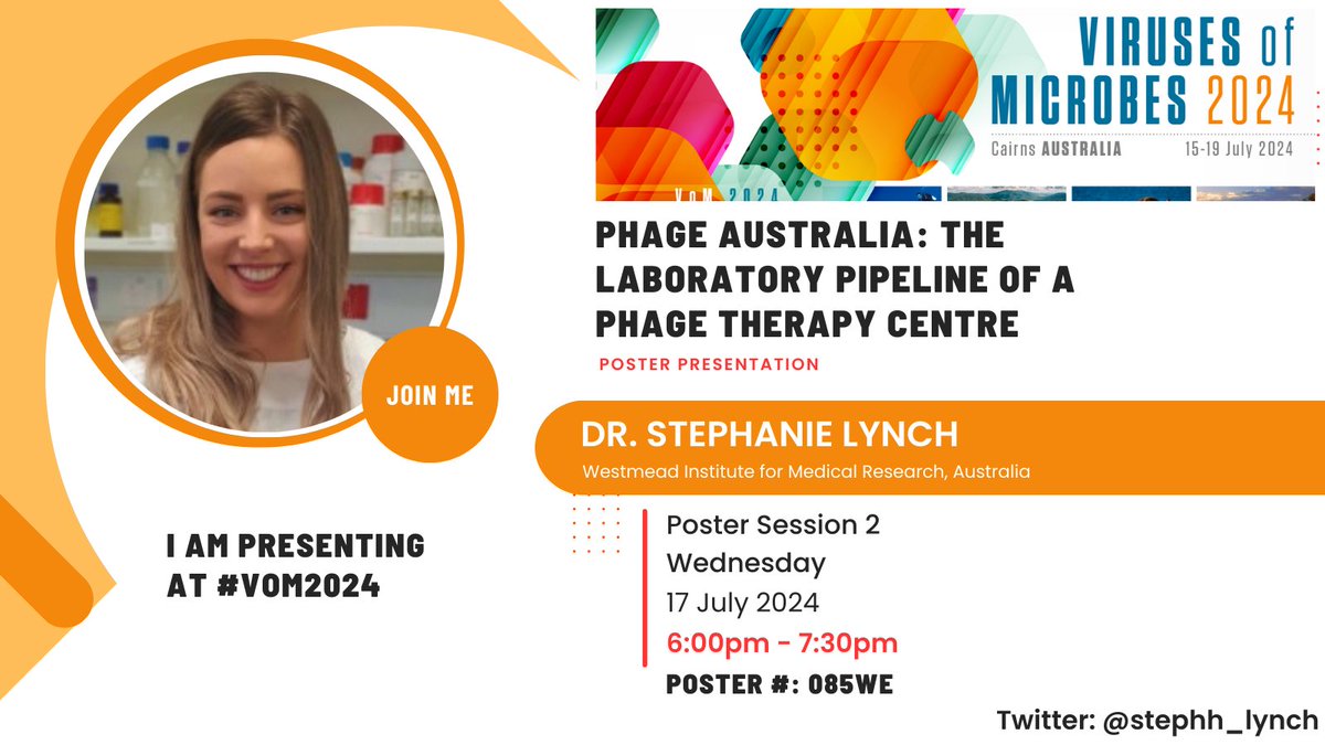 stephh_lynch's tweet image. I am very excited to attend #VoM2024 next week to present an overview of the lab pipeline we have developed @PhageAustralia to continue treating patients across Australia with #phagetherapy! 

Come see me at my poster (@VoM_2024) on Wednesday to chat more 👋